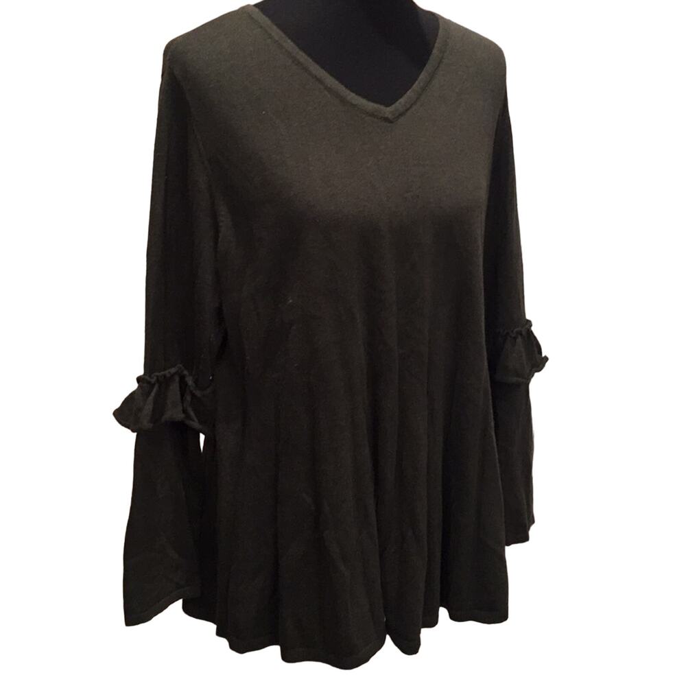 New Style & Co Womens 2X Dark Ivy Green Ruffled Elbow VNeck Long Sleeve Sweater